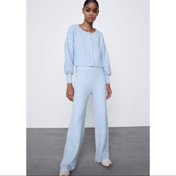 ZARA Wool High Waisted Wide Leg Textured Knit Pull On Trouser Lounge Pants Blue - Picture 2 of 16